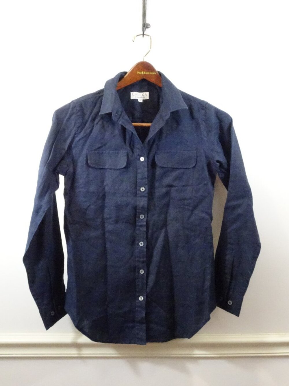 Camixa Linen Button Up Camp Shirt S Blue Long Sleeve Preppy Natural Coastal